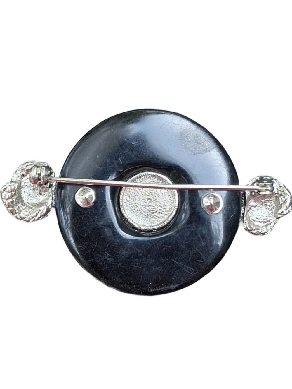 Vintage Black & White Faux Lucite Ring Bar Brooch Cabochon Knot Pin